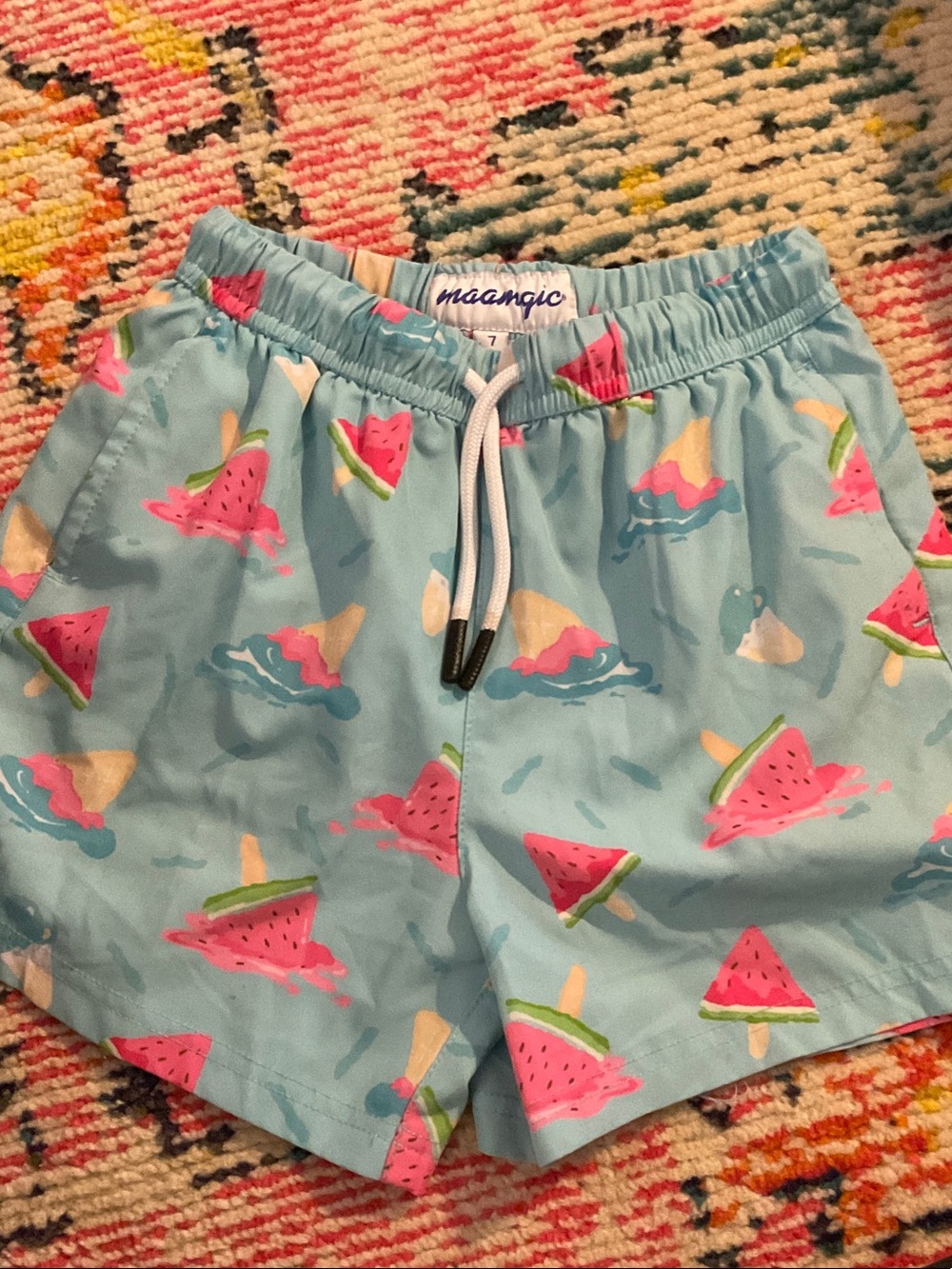 Maamgic Kids Light Blue Swim Shorts with Pink Watermelon Popsicle Print